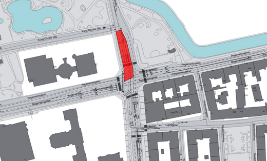 Bilden visar en karta med avstängt arbetsområde på Fersens väg mellan Kung Oscars väg och Regementsgatan.