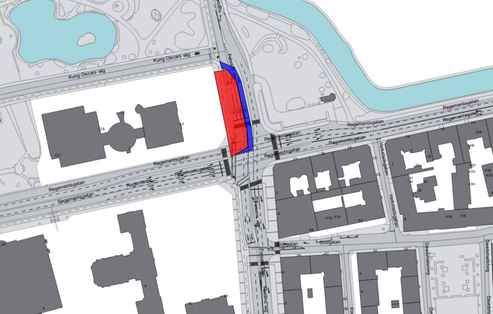 Bilden visar en karta för etapp 2 med avstängt arbetsområde och tillfällig gång-och cykelbana på Fersens väg.