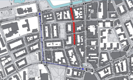 Arbetsområdet på Davidshallsgatan mellan Regementsgatan och Holmgatan.