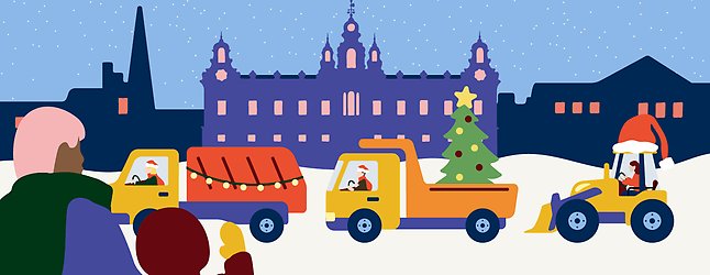 Illustration av fordon med ett barn som vinkar.