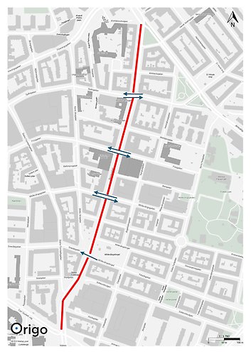 Bergsgatan från Amiralsgatan ner till Carl Gustafs väg. Röda pilar visar var du får korsa gatan: Spångatan, Friisgatan, Möllevångsgatan och Ystadgatan – riktning mot Smedjegatan.