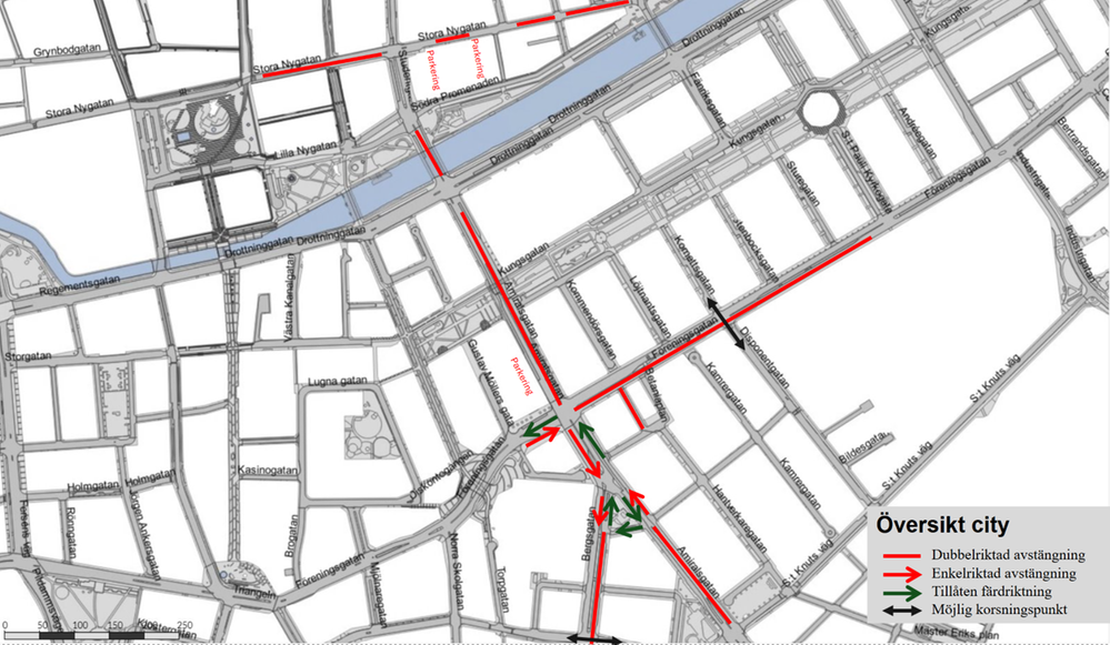 Utpekade påverkade gator: Stora Nygatan, Amiralsgatan och Föreningsgatan.