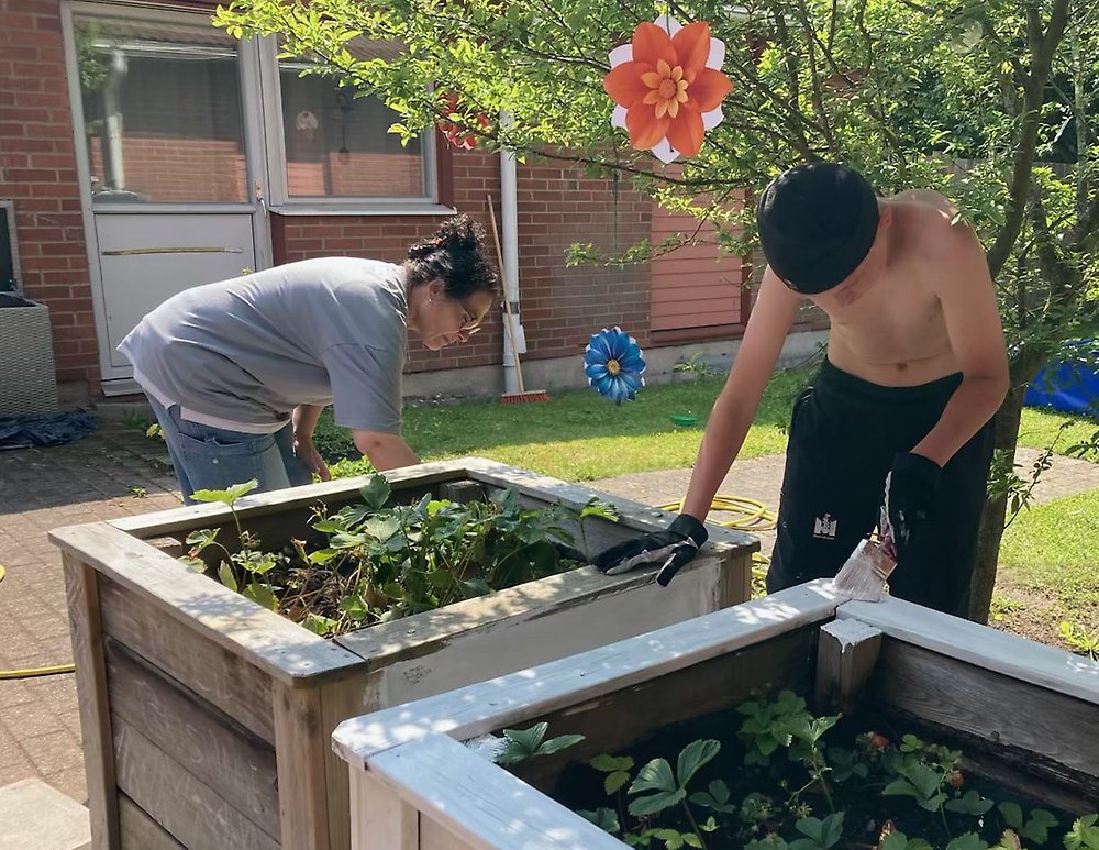 Leo och hans kontaktperson Maria målar pallkragarna i vitt