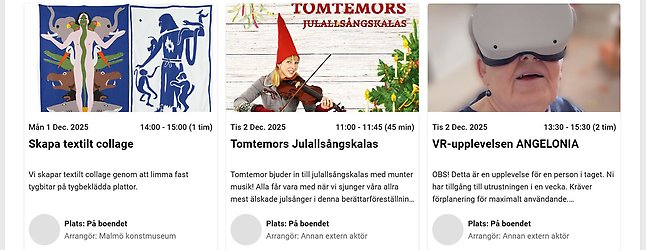 Aktiviteter: Skapa textilt kollage, Julallsångskalas och VR-upplevelse.