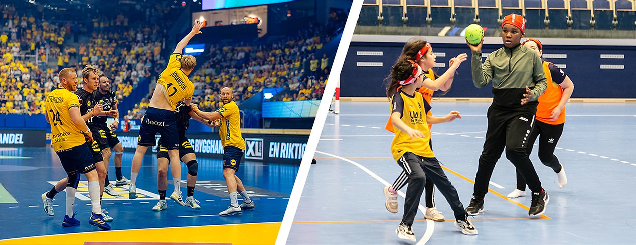 Delad bild på svenska herrlandslaget som spelar match, samt unga personer som spelar handboll på Stadionområdet.