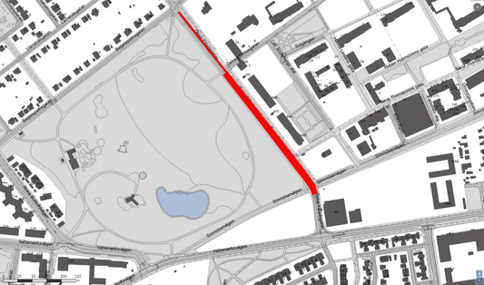 Arbetsområdet längs Östra Fäladsgatan ner mot Vattenverksvägen