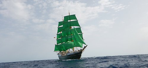 Alexander von Humboldt seglar med gröna segel på havet. 