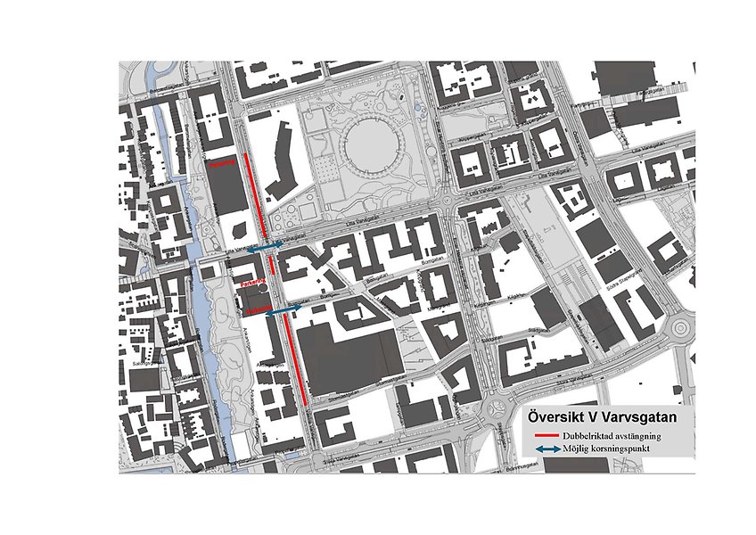 Västra Varvsgatan från Lilla Varvsgatan ner till Stormastgatan. Pilar visar var du kan korsa gatan: Lilla Varvsgatan och Bomgatan