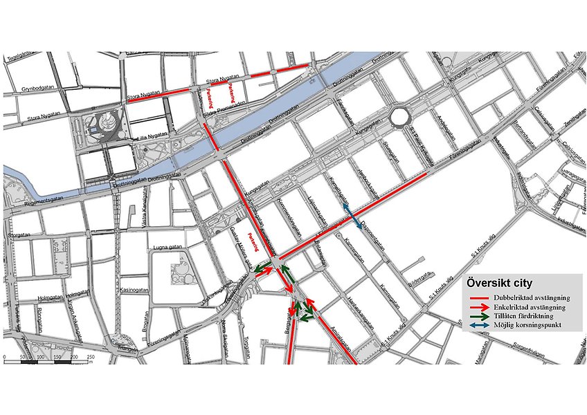 Utpekade påverkade gator: Stora Nygatan, Amiralsgatan och Föreningsgatan.