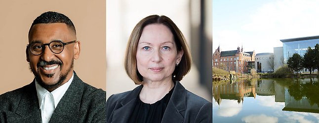 Kollage med porträtt på Barakat Ghebrehawariat, Elena Namli och bild på Stadsbibliotekets exteriör.