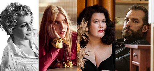 Kollage med porträtt på Arundhati Roy, Amanda Romare, Maria Maunsbach och Andrzej Tichý.