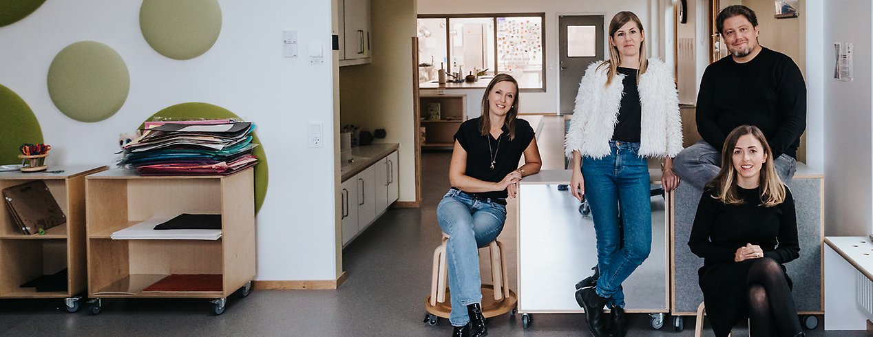Anna Branje, Johanna Flodell, Filip Svensson och Arta Shaqiri är projektsamordnare och planerar den fysiska miljön på nya förskolor i Malmö stads förskoleförvaltning.