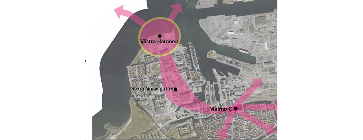 Karta över möjliga stationslägen i Malmö.