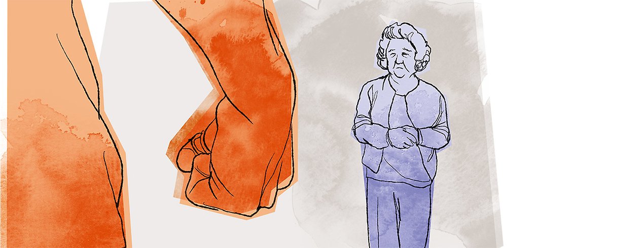Illustration, man med knuten näve, äldre kvinna ser orolig ut.