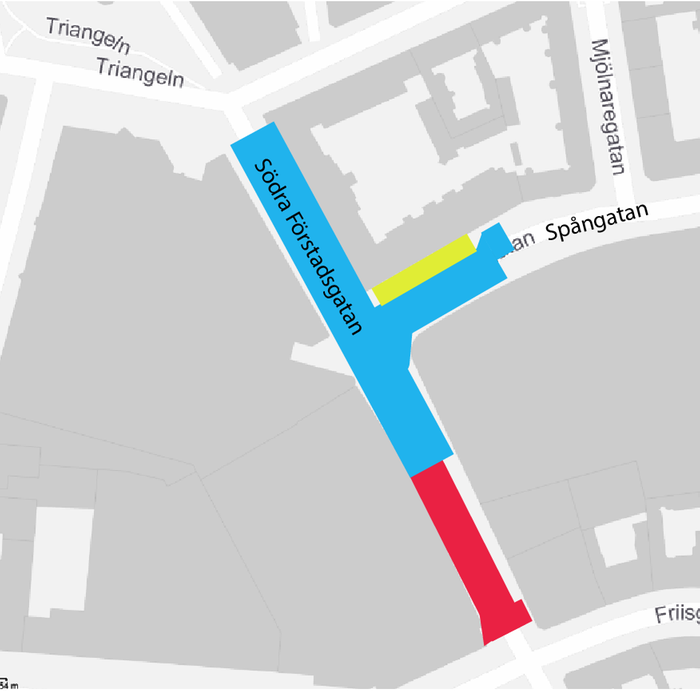 Karta som visar vilka delar av gatan som planeras att stängas av för ombyggnation.