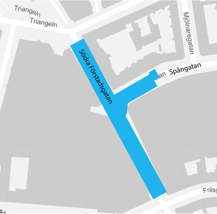 Karta som visar vilka delar av gatan som planeras att stängas av för ombyggnation.