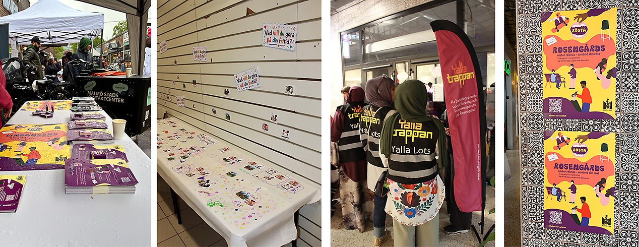 Bildcollage från
demokratifestivaler i Malmö med informationsmaterial om val och demokrati på
Lindängen, en pysselaktivitet för barn, valambassadörer från Yalla Trappan och
affischer för Rosengårdsfestivalen.