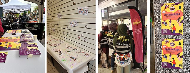 Bildcollage från
demokratifestivaler i Malmö med informationsmaterial om val och demokrati på
Lindängen, en pysselaktivitet för barn, valambassadörer från Yalla Trappan och
affischer för Rosengårdsfestivalen.