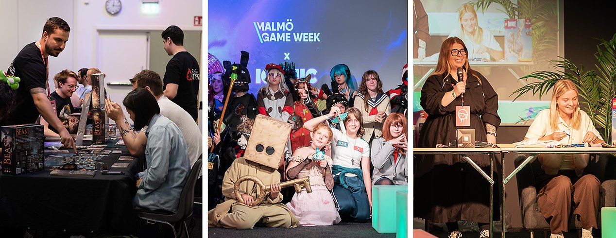 Tredelat bildkollage. Flera personer spelar brädspel, cosplay-utklädda personer samt två personer på en scen.