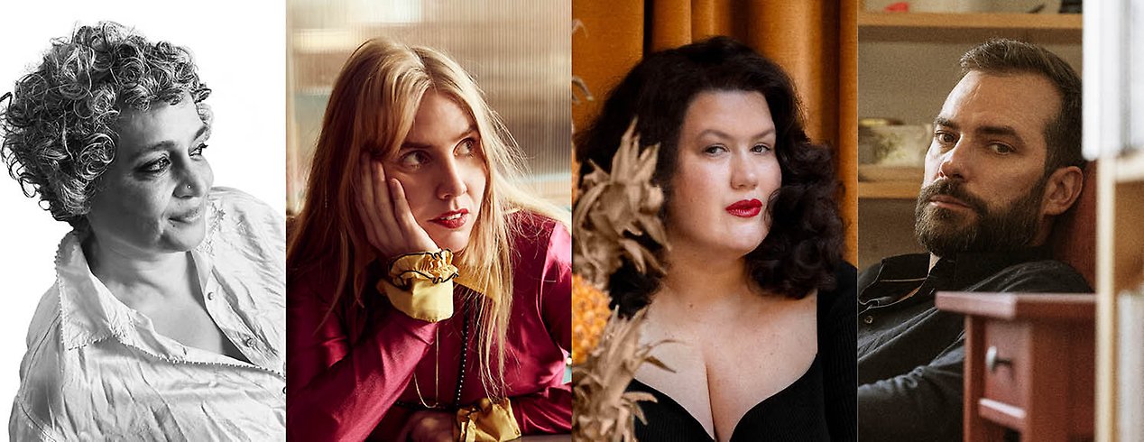 Kollage med porträtt på Arundhati Roy, Amanda Romare, Maria Maunsbach och Andrzej Tichý.