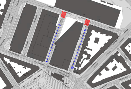 Bilden visar en karta där beläggningsarbete pågår i korsningarna vid Ringgatan och Pilgatan. Under arbetet är in- och utfart till Ringgatan och Pilgatan endast möjlig via Östra Förstadsgatan.