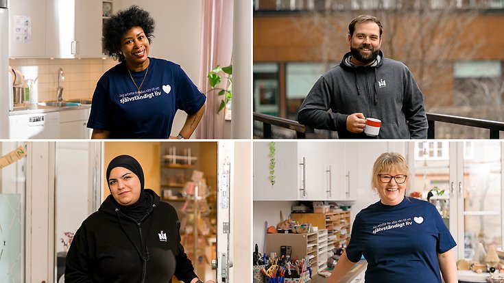 Kollage med fyra personer i arbetskläder som ler in i kameran