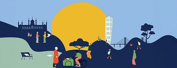 Illustration. Människor som går, cyklar 