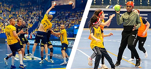 Delad bild på svenska herrlandslaget som spelar match, samt unga personer som spelar handboll på Stadionområdet.