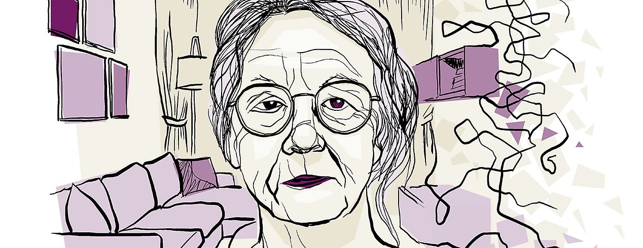 Kvinna i lila i en lägenhet, illustration.