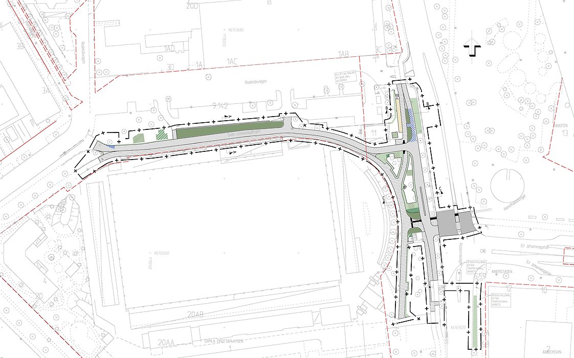 Karta visar arbetsområdet på Sven Lindvallsgången runt Malmö IP.