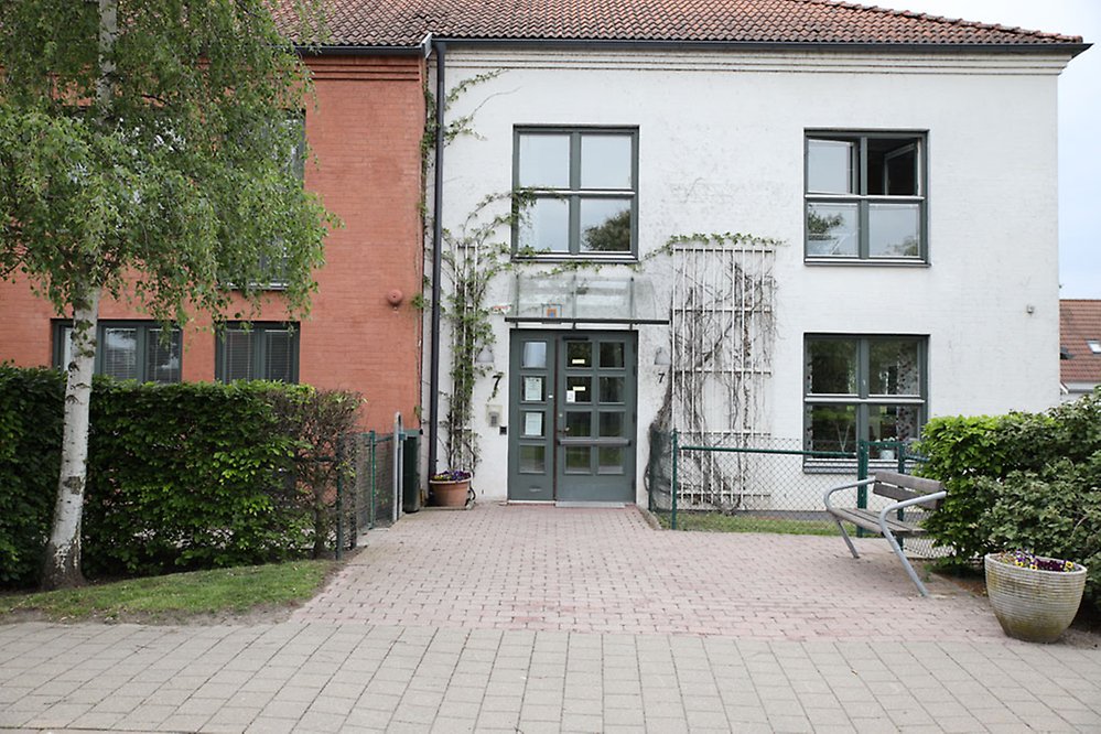 Växter slingrar sig längs husets vita fasad med grågröna detaljer på
dörr och fönster.