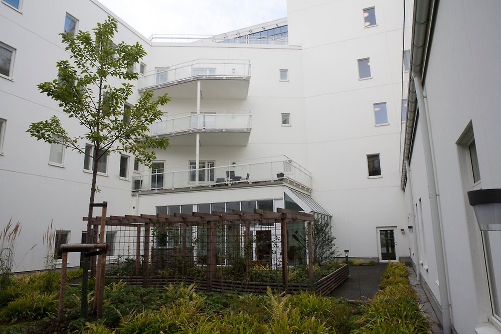 Den grönskande atriumgården ger ett lugn som man kan njuta av både från
de stora balkongerna och pergolan nere på gården.