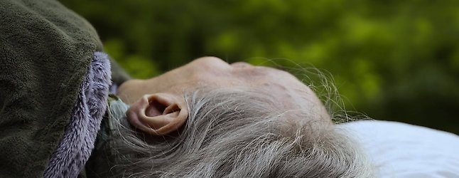 En profil av en äldre person som vilar ner och tittar upp mot gröna träd.