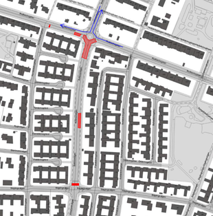 Arbetsområdet på Bellevuevägen mellan Bågängsvägen och Rudbecksgatan.