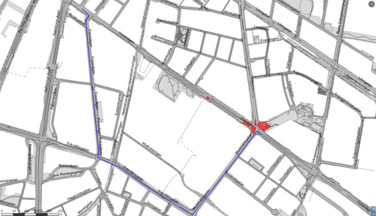 Bilden visar närmsta omledningsväg gällande etapp 4 via Munkättegatan, Eriksfältsgatan och Fosievägen. 