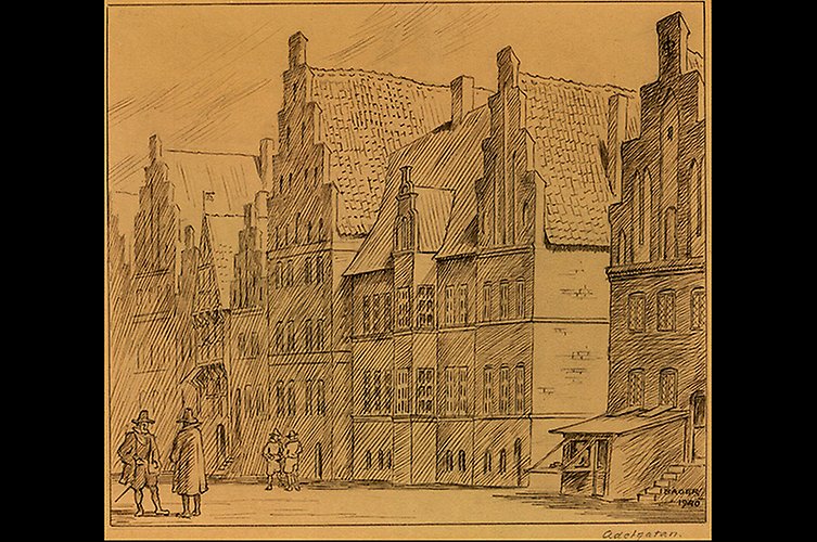 Teckning med hus i 3-4 våningar, Trappstensgavlar.