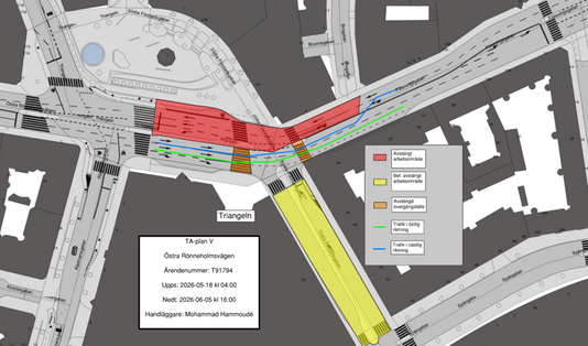 Bilden visar en karta där det är begränsad framkomlighet på Östra Rönneholmsvägen i höjd med Södra Förstadsgatan.