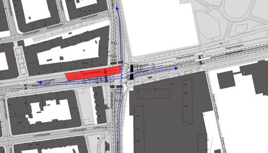 Bilden visar en karta med avstängning och trafikflöde på Regementsgatan och Mariedalsvägen är avstängd i sydlig riktning 10/4–4/5.