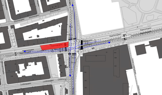 Bilden visar en karta med avstängning och trafikflöde på Regementsgatan 4/5–12/6.