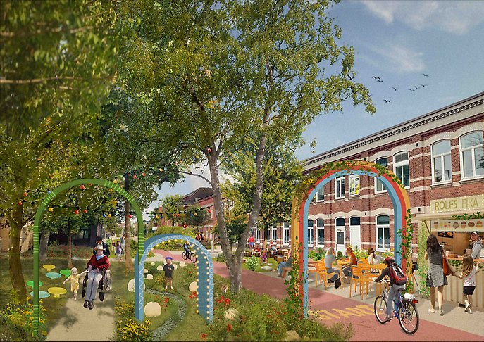 Inspirationsbild av hur Rolfsgatan kan se ut med mer grönska, bättre cykelbanor, inslag så som kiosk och sittplatser samt plats för lek.