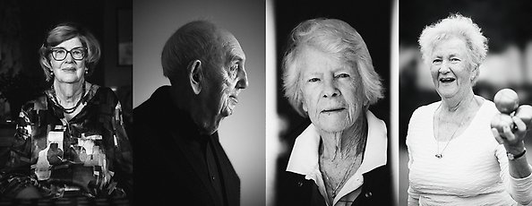 Porträttbilder i svartvitt på fyra seniorer - tre kvinnor och en man.