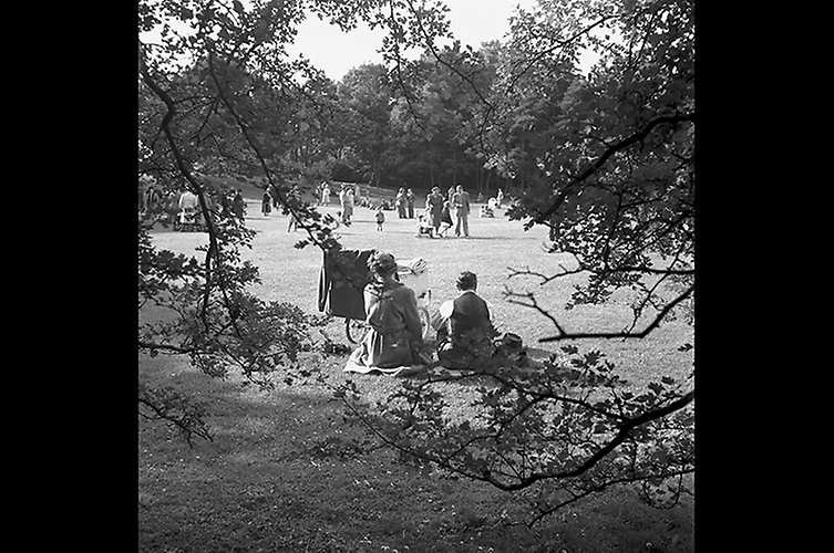 Äldre svartvitt foto på människor som uppehåller sig på en stor gräsmatta i parkmiljö. Sommartid. 