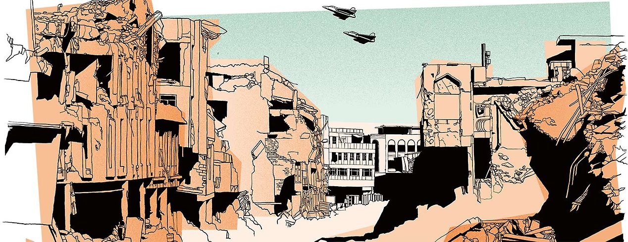 Illustration över en stad i ruiner, med stridsflygplan i himlen.