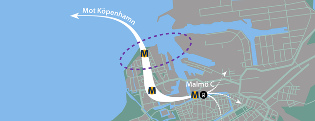Kartan visar möjliga stationslägen i Västra hamnen, samt utbyggnaden av kustskyddet.