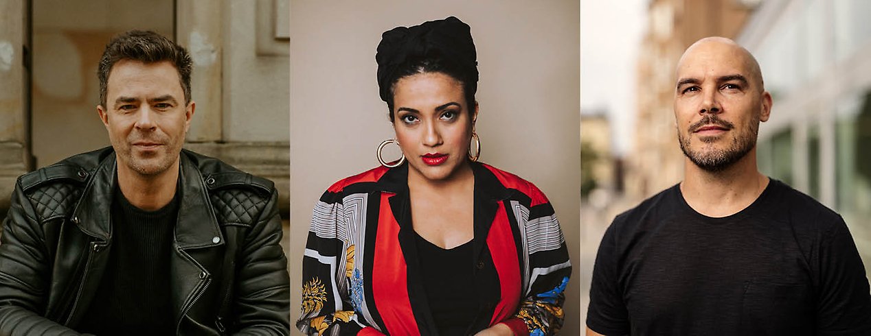 Kollage med porträtt på Elias Våhlund, Athena Farrokzhad och Nicolas Lunabba.