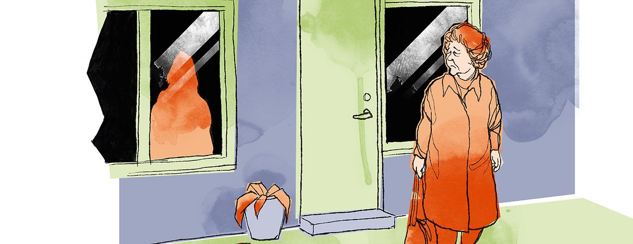 Äldre kvinna som lämnar ett hus med en skugga av en kvinna i fönstret, illustration.