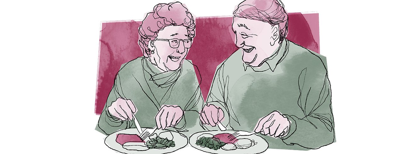 En äldre kvinna och man skrattar medan de äter tillsammans, Illustration.