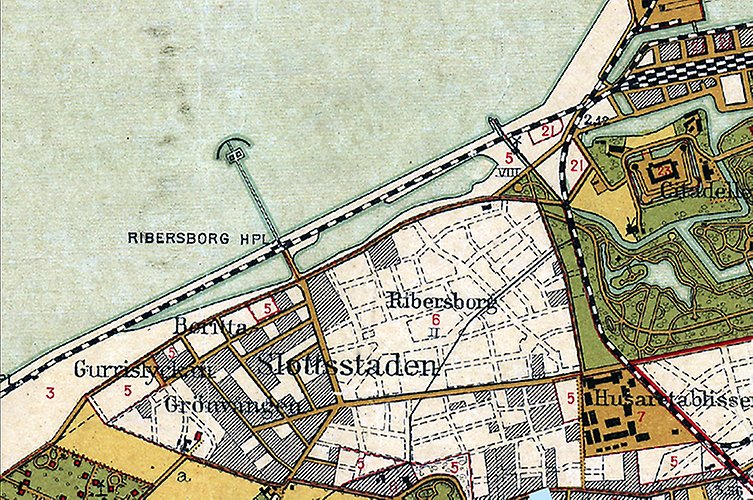 Äldre karta som visar Ribergsborgsstranden och närområdet