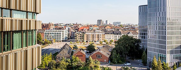 En bild med utsikt över centrala Malmö och Malmö Live.
