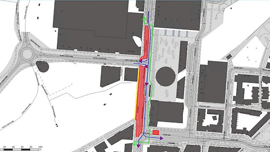 Bilden visar en karta av etapp 2 där Hyllie stationsväg öppnas för trafik till och från Hyllie boulevard med trafik endast i södergående riktning på Hyllie boulevard. Cykelbanan är avstängd på västra sidan och cyklister leds om till motsatt sida. Gående kan passera på västra sidan.